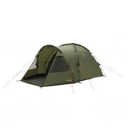 Easy Camp Kinn 4, ein preiswertes 4-Personen-Familienzelt mit zwei dunklen Schlafzimmern und einem hellen Wohnzimmer.