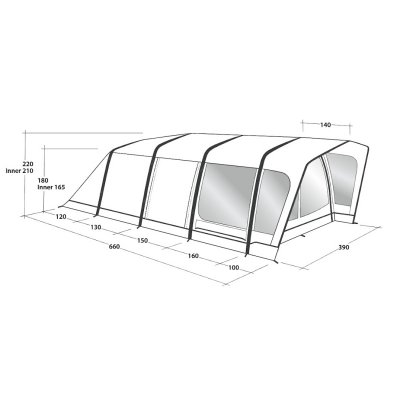 Måttskiss för Outwell Hayward Lake 6ATC familjetält.