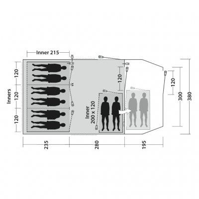 Grundriss Outwell Phoenix 6+2 Familienzelt mit Platz für 5 Personen in 2 Schlafzimmern.