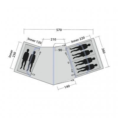 Grundriss Outwell Hartford 6 Air mit Platz für 5 Personen in 2 Schlafzimmern.