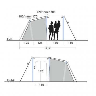 Höhenmaße für das Outwell Montana 4 Air Familienzelt.
