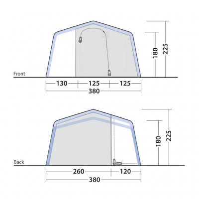 Skizze des Outwell Michigan 4 Air von vorne und hinten gesehen