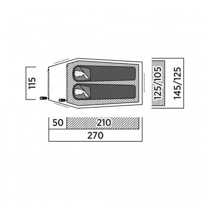 Grundriss des Tunnelzelts Reindal 2 mit Abmessungen, der Innenzelt, Vorraum und Gesamtgröße zeigt.