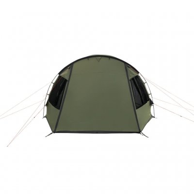 Easy Camp Kinn 5 Zelt mit geschlossener Tür und Doppelfenstern in jede Richtung.