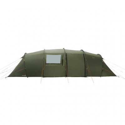 Easy Camp Leka Twin 8 von der Seite mit geschlossener Tür gesehen. Cleveres Vis-a-Vis-Design, das Platz für bis zu 8 Personen bi