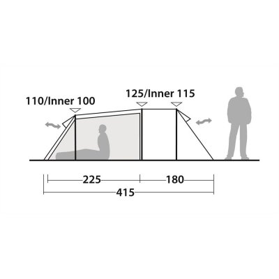 Höjdskiss till friluftstältet Robens Voyager Versa 4. En sitthöjd på 125 cm i absiden gör det till ett väldigt rymligt tält.