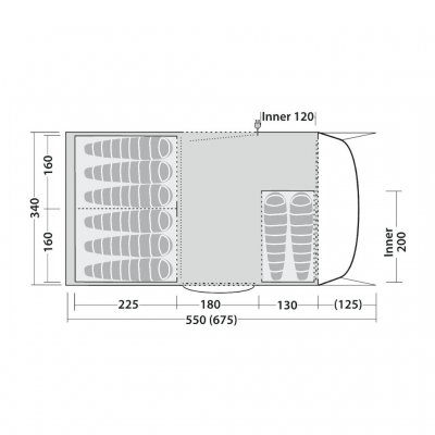 Planlösning för Robens Eagle Rock 6+2XP lägertält.