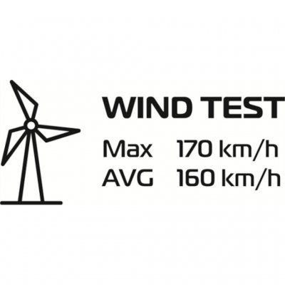 Das Zelt ist auf Windgeschwindigkeiten von bis zu 170 km/h getestet.