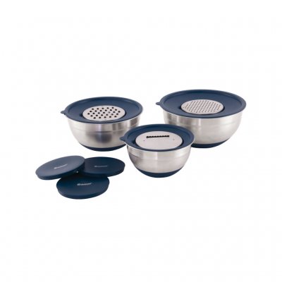 Skål set i rostfritt stål och tillhörande lock med utbytbara rivjärn.