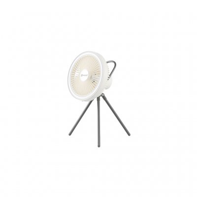 Ein leichter, wiederaufladbarer Ventilator mit starker Luftzirkulation, hellem LED-Licht und mehreren Platzierungsmöglichkeiten.