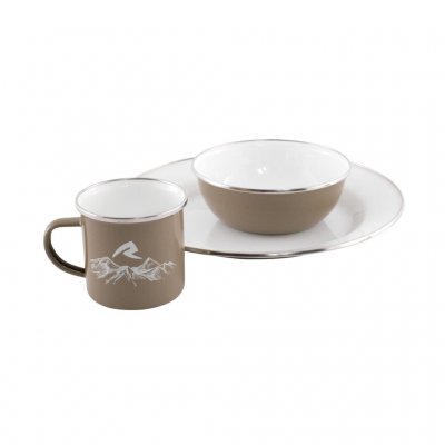 Emaille-Teller, -Schale und -Becher.