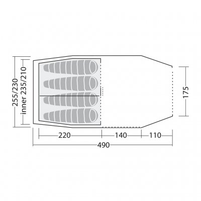 Grundriss des Robens Cima Versa 4 – zeigt die Aufteilung mit Schlafbereich und Vorzelt für kluge Packung und Komfort.