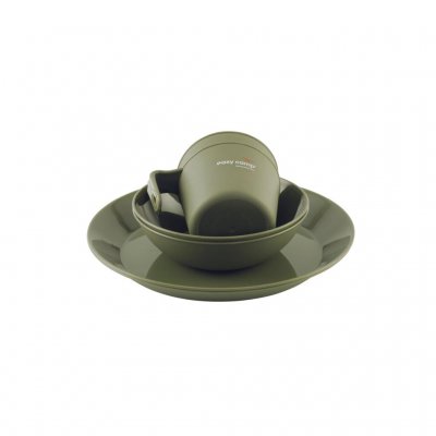 Geschirrset für 2 Personen mit stapelbaren Schüsseln, Tellern und Bechern.