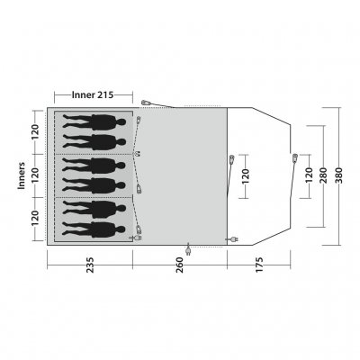 Grundriss des Outwell Edmonds 6 TC Familienzelts. Es verfügt über drei Schlafzimmer mit Platz für jeweils 2 Personen pro Schlafz
