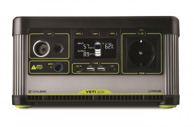Goal Zero Yeti 500X Power Station med 230V, USB, USB-C och 12V uttag för camping, stuga eller friluftsliv.