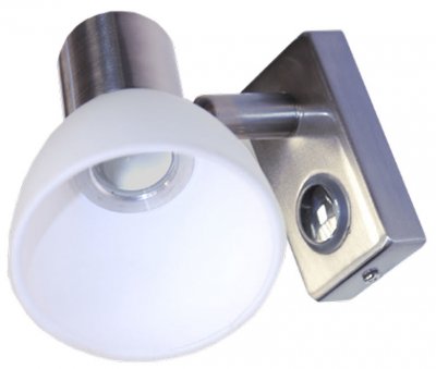 Läslampa för husvagn och husbil i borstat stål och vit skärm.