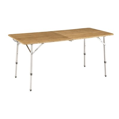 Stort hopfällbart campingbord med skiva i trä och stabil ram i aluminium.