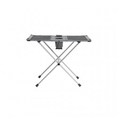 Kleiner und niedriger Tisch mit Stahlrahmen und Tischplatte aus Polyester und Mesh.