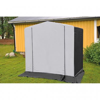 Svenska Tält förrådstält med stängd dörr.